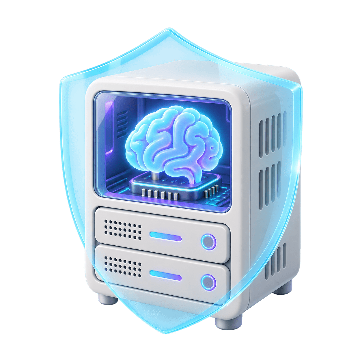 Illustration 3D d'une intelligence artificielle installée sur un serveur privé local